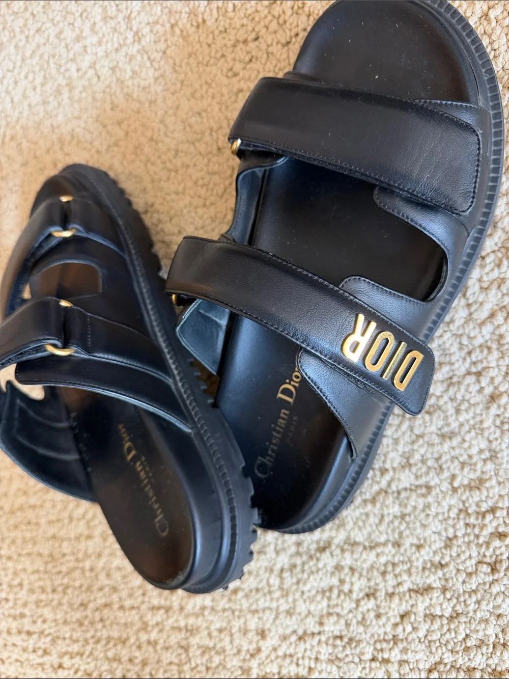 Dior Black Leather Dual-Strap Slide Sandals with Gold Logo 39